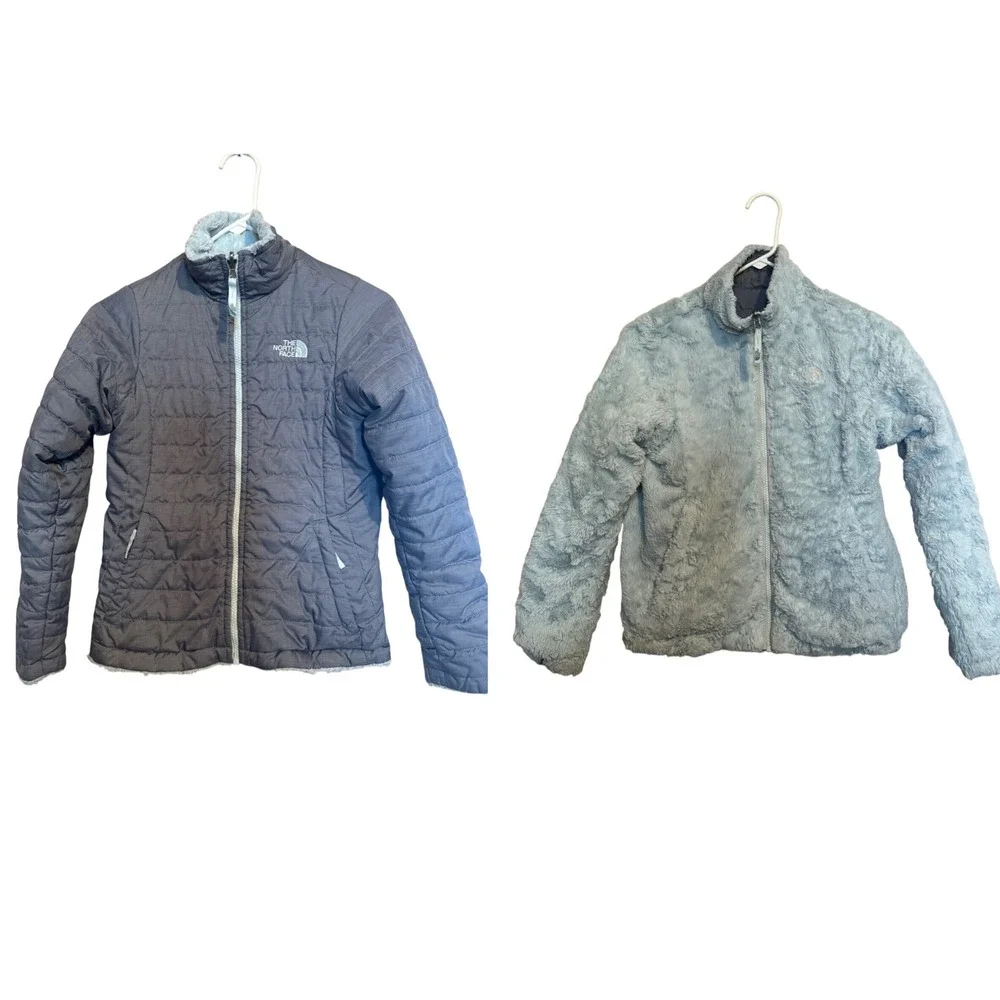 The North Face Girl Med 10/12 Reversible Mossbud Swirl Puffer Coat ice blue gray